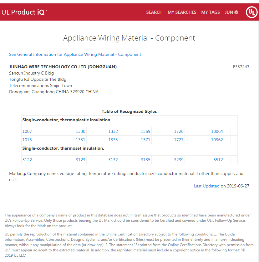 福鹿会F6电线美国UL认证产品列表